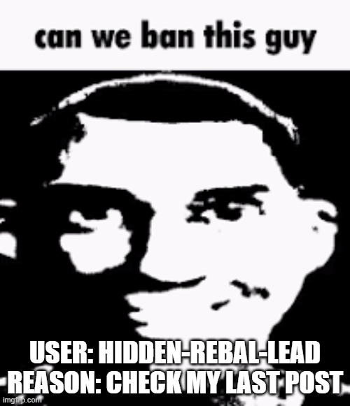 Can we ban this guy | USER: HIDDEN-REBAL-LEAD
REASON: CHECK MY LAST POST | image tagged in can we ban this guy | made w/ Imgflip meme maker