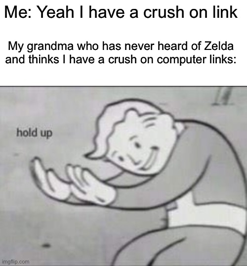 Yes I actually do have one on link | Me: Yeah I have a crush on link; My grandma who has never heard of Zelda and thinks I have a crush on computer links: | image tagged in fallout hold up with space on the top,legend of zelda,grandma,wait what | made w/ Imgflip meme maker