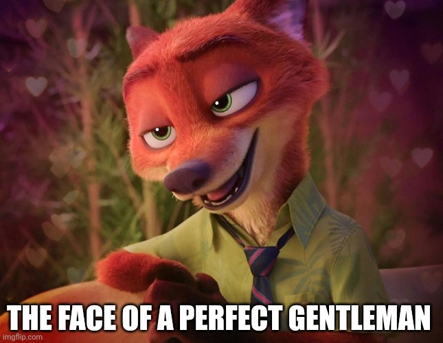 Foxy Gentleman | THE FACE OF A PERFECT GENTLEMAN | image tagged in charming nick wilde,zootopia,nick wilde,gentleman,funny,memes | made w/ Imgflip meme maker