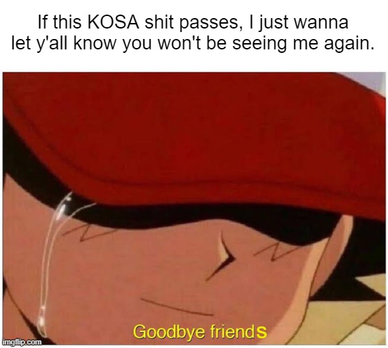 o7 | If this KOSA shit passes, I just wanna let y'all know you won't be seeing me again. s | image tagged in ash says goodbye friend | made w/ Imgflip meme maker