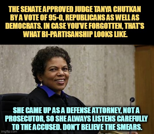 THE SENATE APPROVED JUDGE TANYA CHUTKAN 
BY A VOTE OF 95-0, REPUBLICANS AS WELL AS 
DEMOCRATS. IN CASE YOU'VE FORGOTTEN, THAT'S 
WHAT BI-PARTISANSHIP LOOKS LIKE. SHE CAME UP AS A DEFENSE ATTORNEY, NOT A 
PROSECUTOR, SO SHE ALWAYS LISTENS CAREFULLY 
TO THE ACCUSED. DON'T BELIEVE THE SMEARS. | image tagged in judge,tanya chutkan,fair,integrity | made w/ Imgflip meme maker