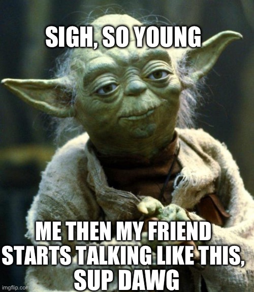 Star Wars Yoda | SIGH, SO YOUNG; ME THEN MY FRIEND STARTS TALKING LIKE THIS, SUP DAWG | image tagged in memes,star wars yoda | made w/ Imgflip meme maker