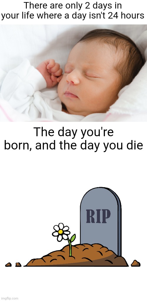 Meme #3,051 | There are only 2 days in your life where a day isn't 24 hours; The day you're born, and the day you die | image tagged in memes,shower thoughts,24 hours,life,born,death | made w/ Imgflip meme maker