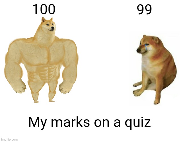 :l | 100; 99; My marks on a quiz | image tagged in memes,buff doge vs cheems | made w/ Imgflip meme maker