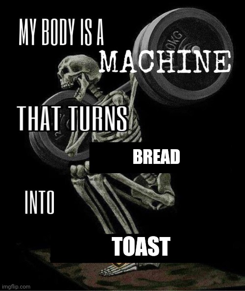 Bread into toast | BREAD; TOAST | image tagged in my body is machine | made w/ Imgflip meme maker