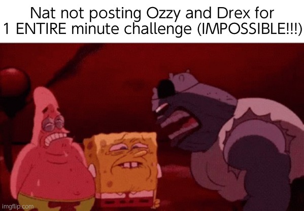 spongebob goofy goober gif | Nat not posting Ozzy and Drex for 1 ENTIRE minute challenge (IMPOSSIBLE!!!) | image tagged in spongebob goofy goober gif | made w/ Imgflip meme maker