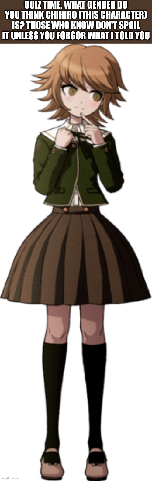 QUIZ TIME. WHAT GENDER DO YOU THINK CHIHIRO (THIS CHARACTER) IS? THOSE WHO KNOW DON'T SPOIL IT UNLESS YOU FORGOR WHAT I TOLD YOU | made w/ Imgflip meme maker