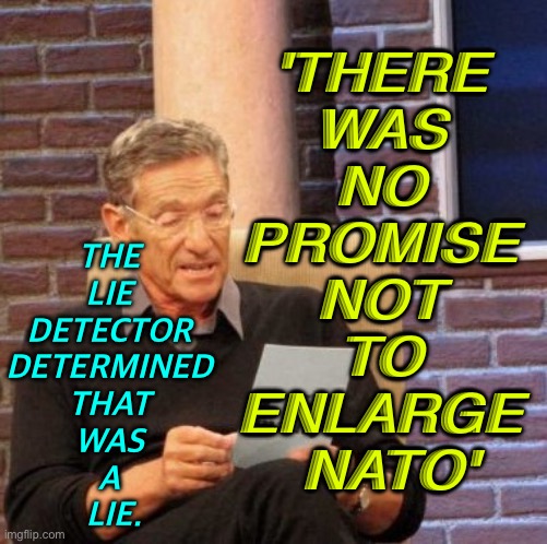 'There was no promise not to enlarge NATO' | 'THERE 
WAS 
NO 
PROMISE 
NOT 
TO 
ENLARGE 
NATO'; THE 
LIE 
DETECTOR 
DETERMINED 
THAT 
WAS 
A 
LIE. | image tagged in memes,maury lie detector | made w/ Imgflip meme maker