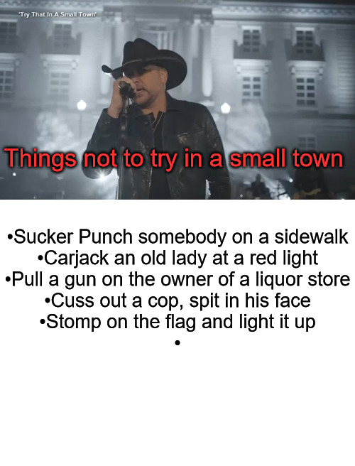 Don't Try that in a Small Town | Things not to try in a small town; •Sucker Punch somebody on a sidewalk
•Carjack an old lady at a red light
•Pull a gun on the owner of a liquor store
•Cuss out a cop, spit in his face
•Stomp on the flag and light it up
• | image tagged in blank white template,jason aldeen,try that in a small town | made w/ Imgflip meme maker