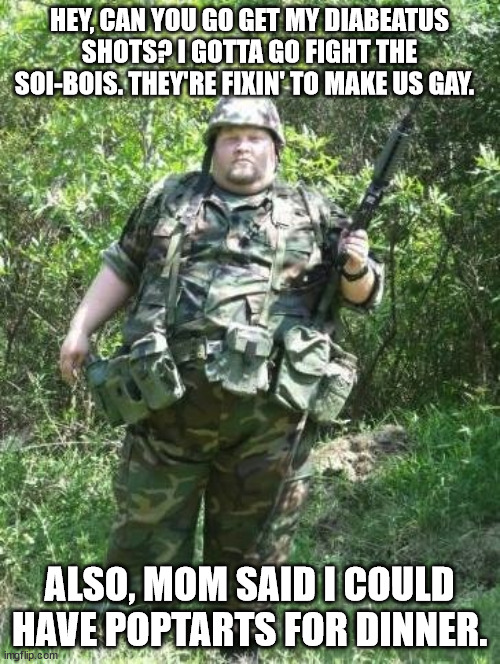 Fat Soldier | HEY, CAN YOU GO GET MY DIABEATUS SHOTS? I GOTTA GO FIGHT THE SOI-BOIS. THEY'RE FIXIN' TO MAKE US GAY. ALSO, MOM SAID I COULD HAVE POPTARTS F | image tagged in fat soldier | made w/ Imgflip meme maker