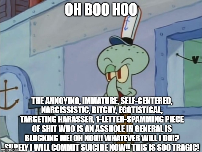 we serve food here sir | OH BOO HOO THE ANNOYING, IMMATURE, SELF-CENTERED, NARCISSISTIC, BITCHY, EGOTISTICAL, TARGETING HARASSER, 1-LETTER-SPAMMING PIECE OF SHIT WHO | image tagged in we serve food here sir | made w/ Imgflip meme maker