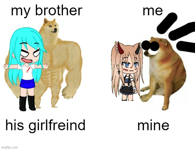 Buff Doge vs. Cheems Meme | my brother; me; his girlfreind; mine | image tagged in memes,buff doge vs cheems | made w/ Imgflip meme maker