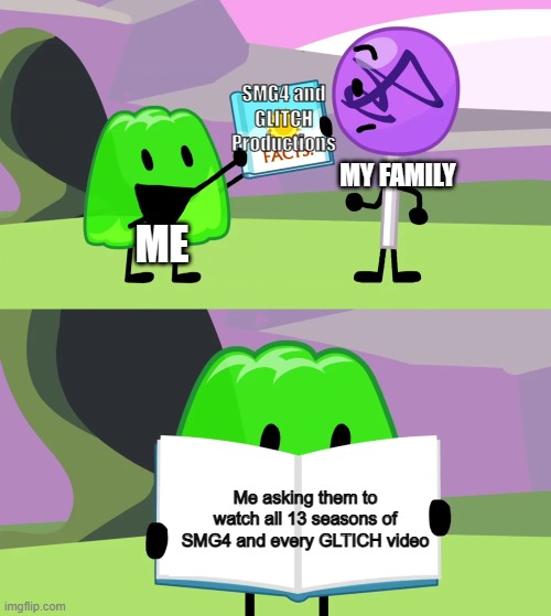 Meme | SMG4 and GLITCH Productions; MY FAMILY; ME; Me asking them to watch all 13 seasons of SMG4 and every GLTICH video | image tagged in gelatin's book of facts | made w/ Imgflip meme maker