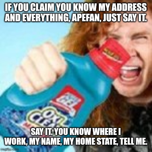 shitpost | IF YOU CLAIM YOU KNOW MY ADDRESS AND EVERYTHING, APEFAN, JUST SAY IT. SAY IT. YOU KNOW WHERE I WORK, MY NAME, MY HOME STATE, TELL ME. | image tagged in shitpost | made w/ Imgflip meme maker