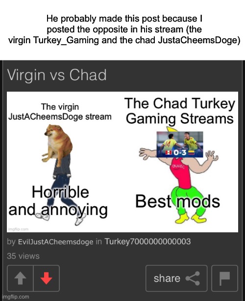 Bro thinks he’s a good moderator | He probably made this post because I posted the opposite in his stream (the virgin Turkey_Gaming and the chad JustaCheemsDoge) | made w/ Imgflip meme maker