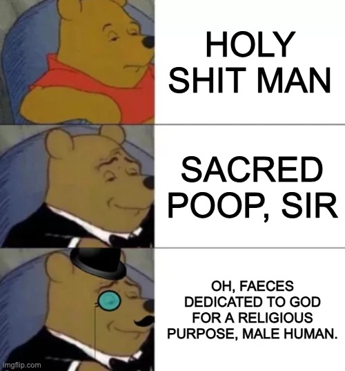 Fancy pooh | HOLY SHIT MAN; SACRED POOP, SIR; OH, FAECES DEDICATED TO GOD FOR A RELIGIOUS PURPOSE, MALE HUMAN. | image tagged in fancy pooh | made w/ Imgflip meme maker