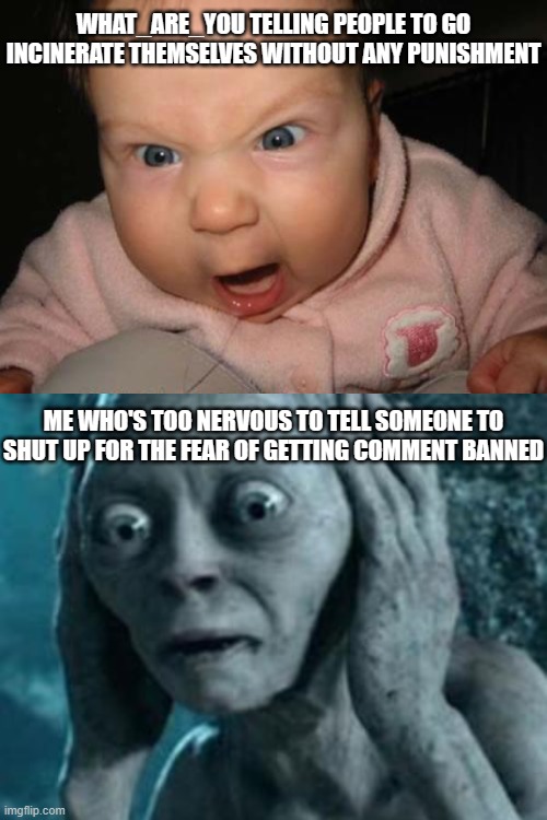 How is HE not banned for saying that!? | WHAT_ARE_YOU TELLING PEOPLE TO GO INCINERATE THEMSELVES WITHOUT ANY PUNISHMENT; ME WHO'S TOO NERVOUS TO TELL SOMEONE TO SHUT UP FOR THE FEAR OF GETTING COMMENT BANNED | image tagged in evil baby,scared gollum,what are you is bad | made w/ Imgflip meme maker