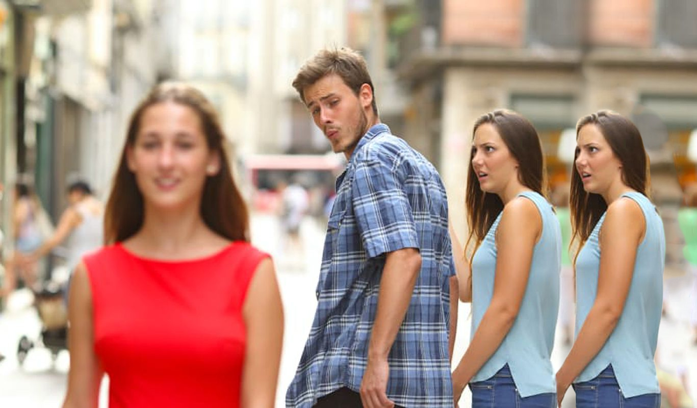 Distracted boyfriend with two girlfriends Blank Meme Template