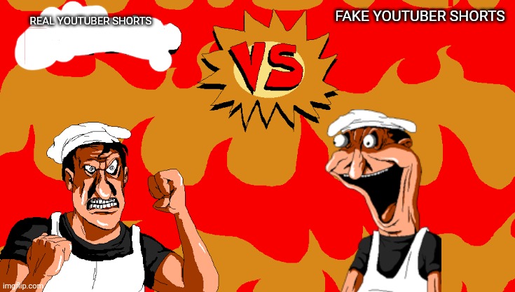 Peppino VS Blank | FAKE YOUTUBER SHORTS; REAL YOUTUBER SHORTS | image tagged in peppino vs blank,shorts war | made w/ Imgflip meme maker