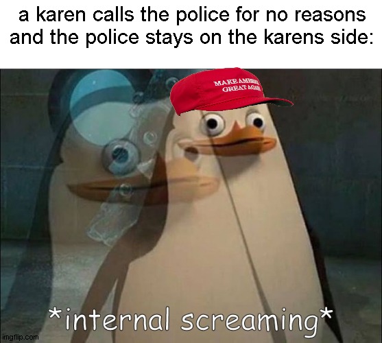 Private Internal Screaming | a karen calls the police for no reasons and the police stays on the karens side: | image tagged in private internal screaming | made w/ Imgflip meme maker