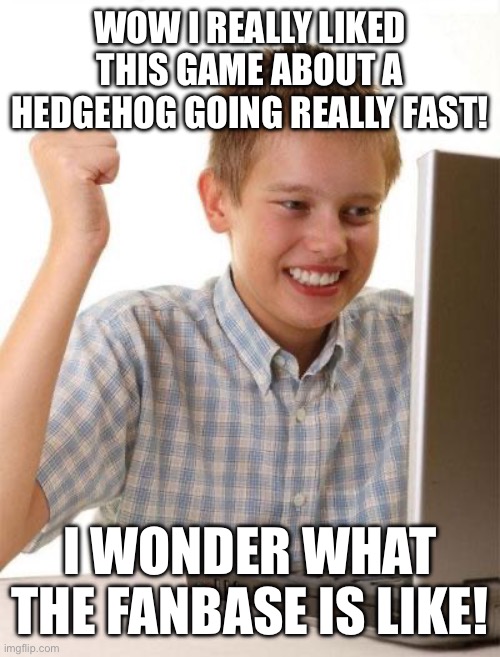 First Day On The Internet Kid | WOW I REALLY LIKED THIS GAME ABOUT A HEDGEHOG GOING REALLY FAST! I WONDER WHAT THE FANBASE IS LIKE! | image tagged in memes,first day on the internet kid | made w/ Imgflip meme maker