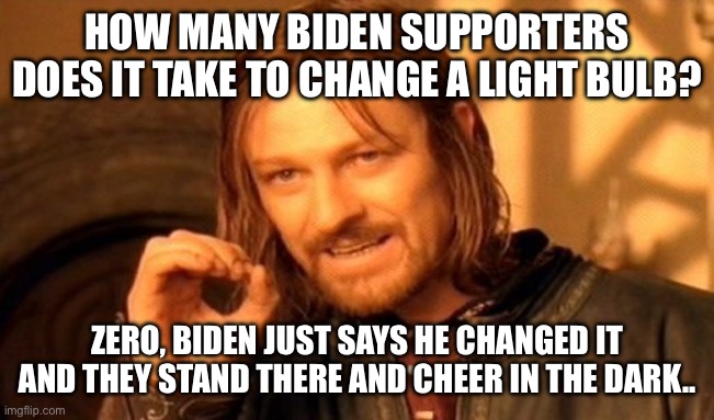 One Does Not Simply | HOW MANY BIDEN SUPPORTERS DOES IT TAKE TO CHANGE A LIGHT BULB? ZERO, BIDEN JUST SAYS HE CHANGED IT AND THEY STAND THERE AND CHEER IN THE DARK.. | image tagged in memes,one does not simply | made w/ Imgflip meme maker