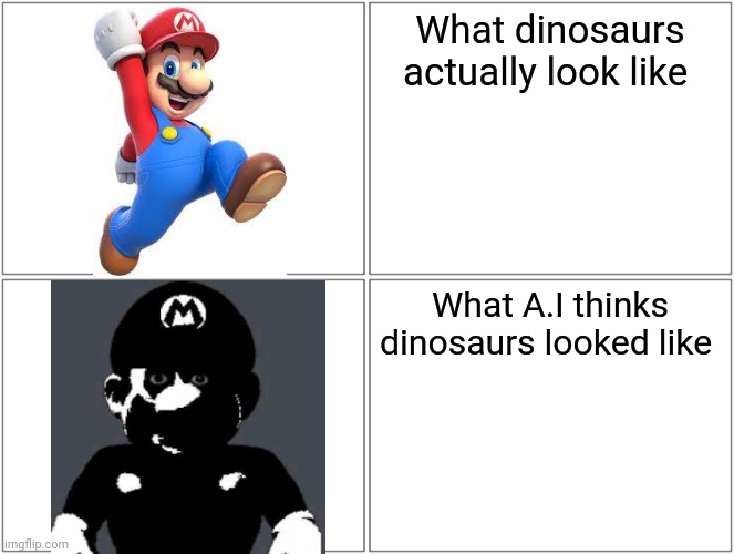 Blank Comic Panel 2x2 Meme | What dinosaurs actually look like; What A.I thinks dinosaurs looked like | image tagged in memes,blank comic panel 2x2,dinosaurs | made w/ Imgflip meme maker