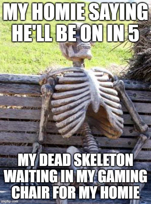 got dem homies | MY HOMIE SAYING HE'LL BE ON IN 5; MY DEAD SKELETON WAITING IN MY GAMING CHAIR FOR MY HOMIE | image tagged in memes,waiting skeleton | made w/ Imgflip meme maker