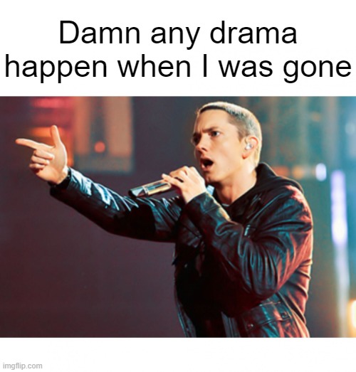 Eminem Rap | Damn any drama happen when I was gone | image tagged in eminem rap | made w/ Imgflip meme maker