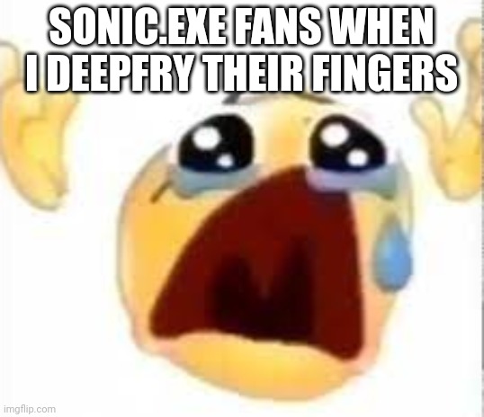 Bro is gonna cry | SONIC.EXE FANS WHEN I DEEPFRY THEIR FINGERS | image tagged in crying emoji,funny,relatable,memes_overloaf | made w/ Imgflip meme maker