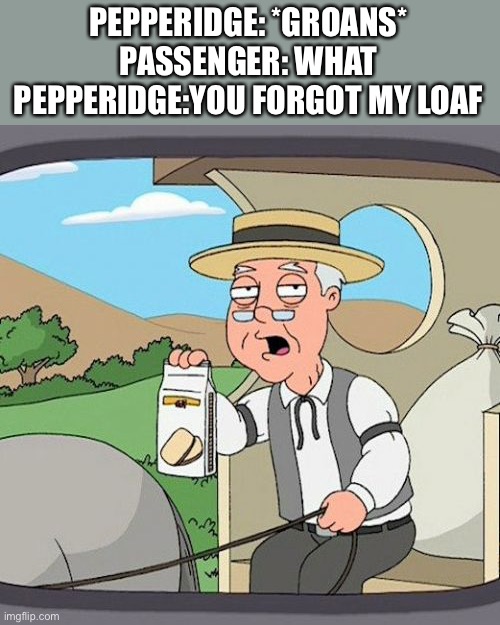 Huh | PEPPERIDGE: *GROANS*
PASSENGER: WHAT
PEPPERIDGE:YOU FORGOT MY LOAF | image tagged in memes,pepperidge farm remembers | made w/ Imgflip meme maker