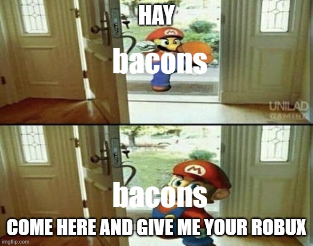 Mario Kicking down door | HAY; bacons; bacons; COME HERE AND GIVE ME YOUR ROBUX | image tagged in mario kicking down door | made w/ Imgflip meme maker