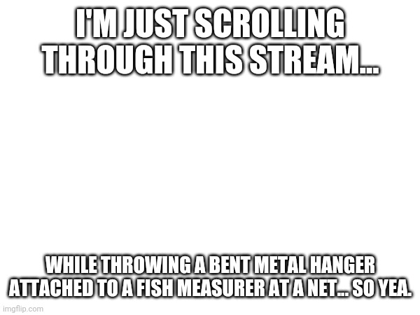 I'm as confused as you | I'M JUST SCROLLING THROUGH THIS STREAM... WHILE THROWING A BENT METAL HANGER ATTACHED TO A FISH MEASURER AT A NET... SO YEA. | made w/ Imgflip meme maker