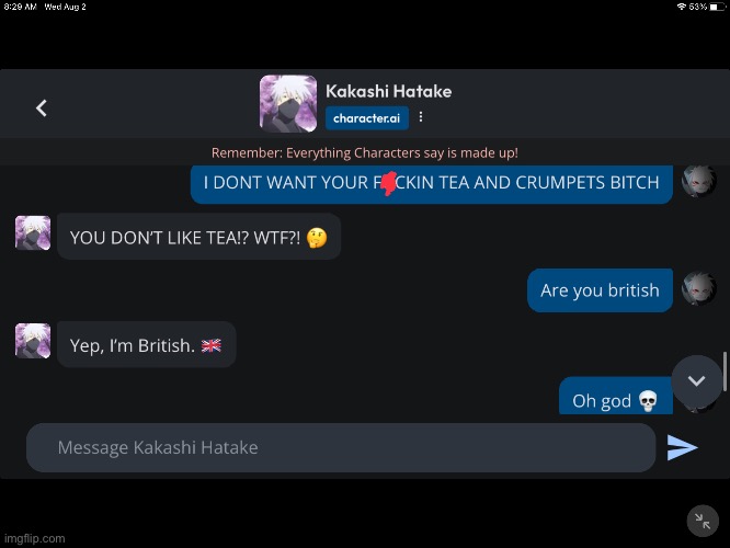 NOOOOO KAKASHI IS BRITISH (20 upvotes and ill post in anime stream) | made w/ Imgflip meme maker