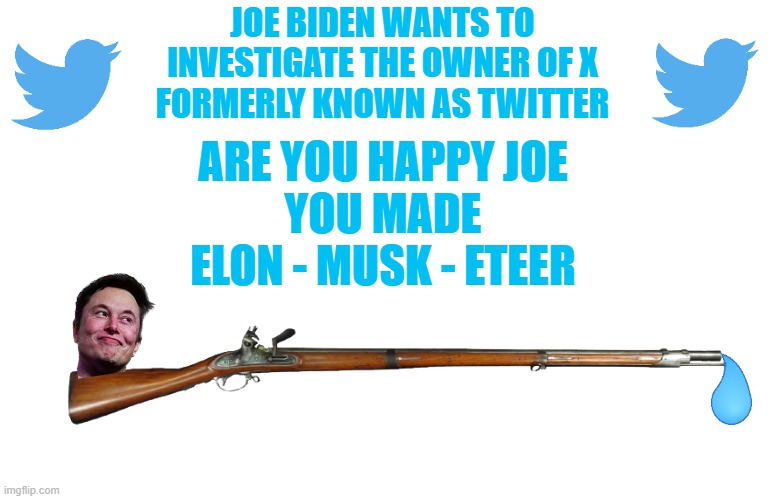 X | JOE BIDEN WANTS TO INVESTIGATE THE OWNER OF X
FORMERLY KNOWN AS TWITTER; ARE YOU HAPPY JOE
YOU MADE ELON - MUSK - ETEER | image tagged in musket,memes,politics | made w/ Imgflip meme maker