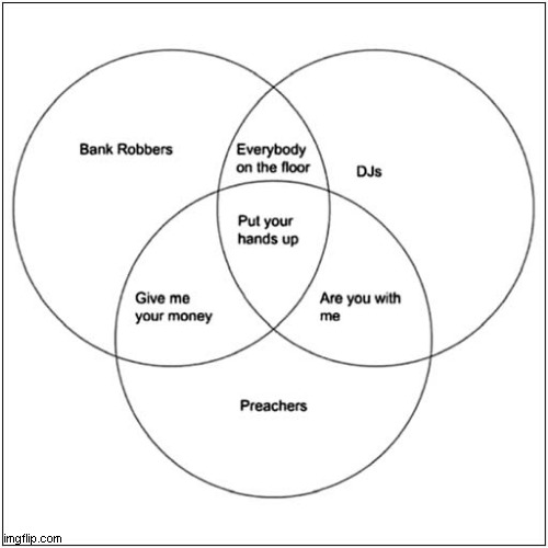 Bank Robbers, DJ's And Preachers ! | image tagged in venn diagram,bank robber,dj,preacher,fun | made w/ Imgflip meme maker
