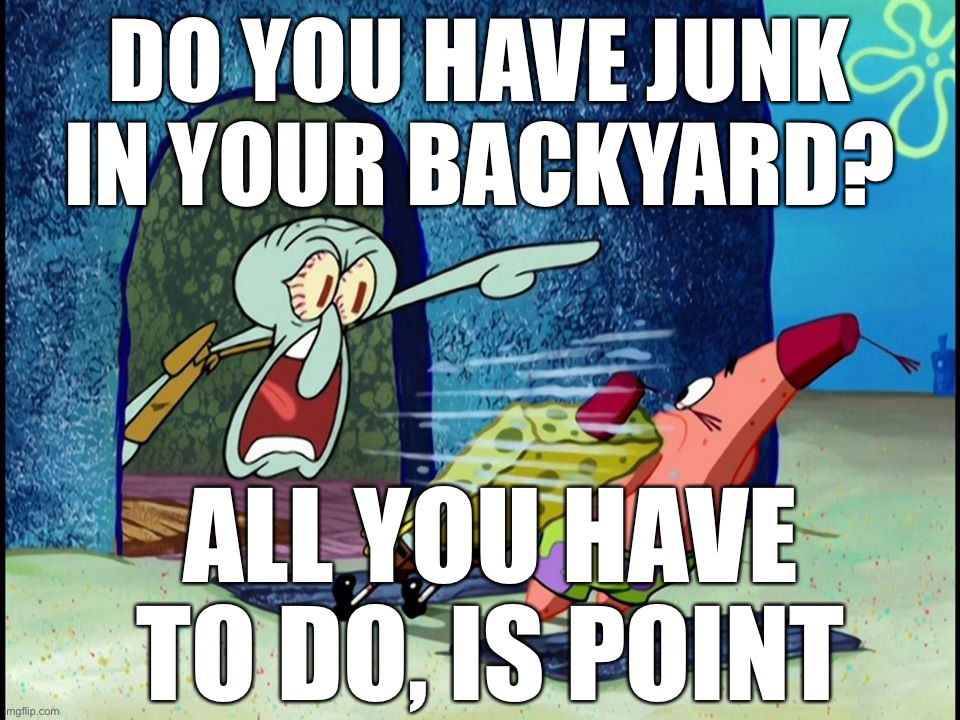 Squidward Screaming | DO YOU HAVE JUNK IN YOUR BACKYARD? ALL YOU HAVE TO DO, IS POINT | image tagged in squidward screaming | made w/ Imgflip meme maker