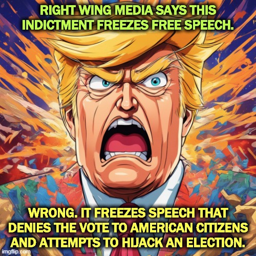 Steal the Vote is right, and it was Trump doing the stealing. | RIGHT WING MEDIA SAYS THIS INDICTMENT FREEZES FREE SPEECH. WRONG. IT FREEZES SPEECH THAT DENIES THE VOTE TO AMERICAN CITIZENS AND ATTEMPTS TO HIJACK AN ELECTION. | image tagged in donald trump - rage tantrum revenge empty,indictment,donald trump,jack smith,free speech,crime | made w/ Imgflip meme maker