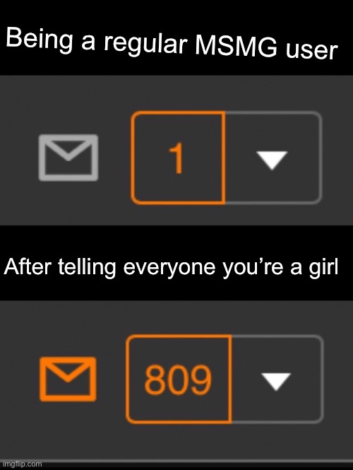 1 notification vs. 809 notifications with message | Being a regular MSMG user; After telling everyone you’re a girl | image tagged in 1 notification vs 809 notifications with message | made w/ Imgflip meme maker