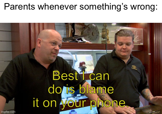 Pawn Stars Best I Can Do | Parents whenever something’s wrong:; Best I can do is blame it on your phone. | image tagged in pawn stars best i can do | made w/ Imgflip meme maker