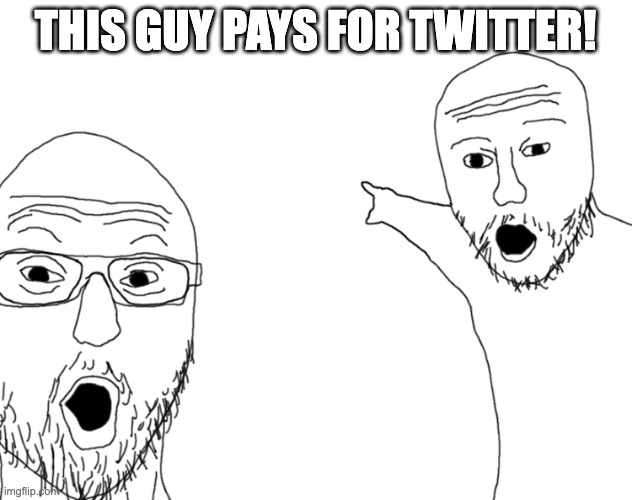 Soyjak Pointing | THIS GUY PAYS FOR TWITTER! | image tagged in soyjak pointing | made w/ Imgflip meme maker