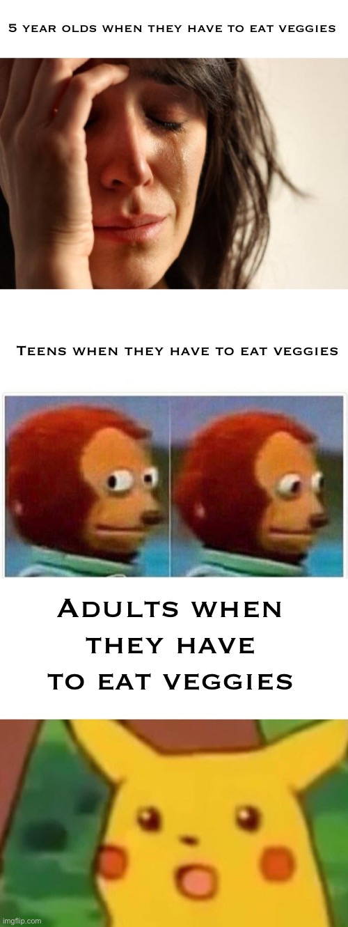 Veggies | 5 year olds when they have to eat veggies; Teens when they have to eat veggies; Adults when they have to eat veggies | image tagged in memes,first world problems,monkey puppet,surprised pikachu | made w/ Imgflip meme maker