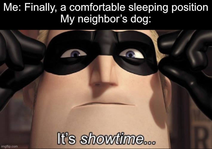 I just wanna SLEEP!!! | Me: Finally, a comfortable sleeping position
My neighbor’s dog: | image tagged in it's showtime,dogs,neighbors,no sleep,pain | made w/ Imgflip meme maker