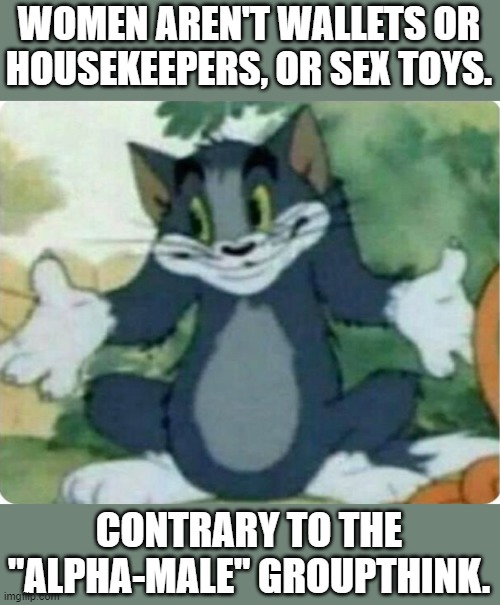 Tom Shrugging | WOMEN AREN'T WALLETS OR HOUSEKEEPERS, OR SEX TOYS. CONTRARY TO THE "ALPHA-MALE" GROUPTHINK. | image tagged in tom shrugging | made w/ Imgflip meme maker
