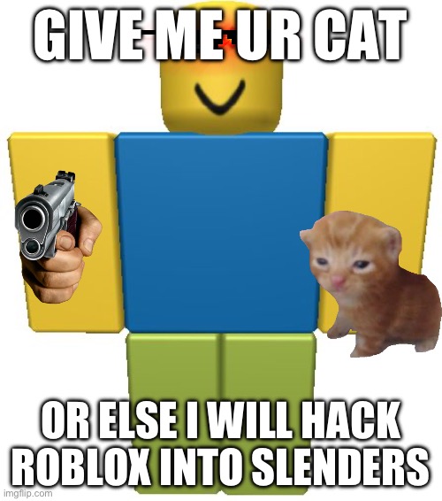 Give the cat pls | GIVE ME UR CAT; OR ELSE I WILL HACK ROBLOX INTO SLENDERS | image tagged in roblox noob,cat,guns,crime,roblox meme | made w/ Imgflip meme maker