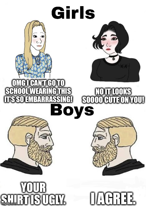 Girls vs Boys | NO IT LOOKS SOOOO CUTE ON YOU! OMG I CAN’T GO TO SCHOOL WEARING THIS IT’S SO EMBARRASSING! I AGREE. YOUR SHIRT IS UGLY. | image tagged in girls vs boys | made w/ Imgflip meme maker