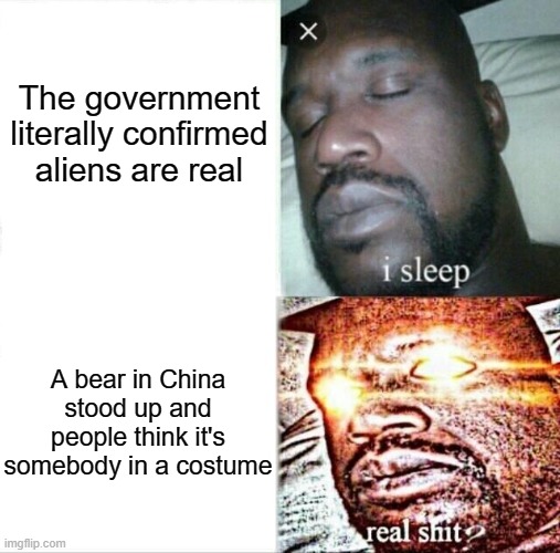 Stupidity is contagious it seems. | The government literally confirmed aliens are real; A bear in China stood up and people think it's somebody in a costume | image tagged in sleeping shaq,wait you're actually reading the tags,oh well then,have a nice day,now stop reading the tags | made w/ Imgflip meme maker