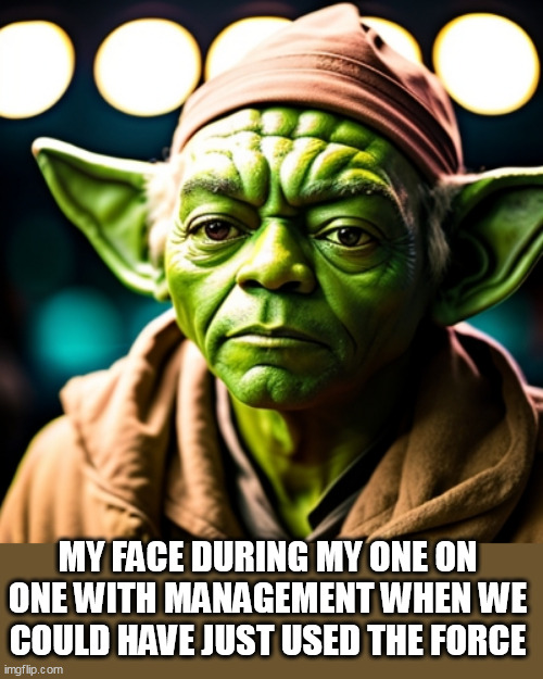 My face during my one on one with management when we could have just used the force | MY FACE DURING MY ONE ON ONE WITH MANAGEMENT WHEN WE COULD HAVE JUST USED THE FORCE | image tagged in yoda,funny,manager,meeting,force,work | made w/ Imgflip meme maker