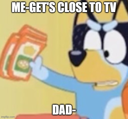 ooh I want to get closer | ME-GET'S CLOSE TO TV; DAD- | image tagged in bandit,tv,bruh,memes,funny | made w/ Imgflip meme maker