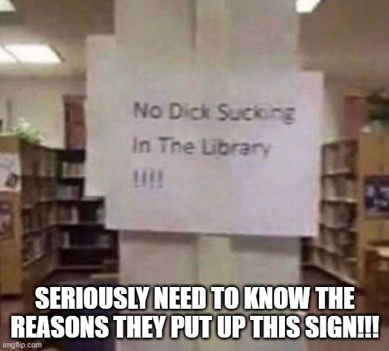 Not in the Library | SERIOUSLY NEED TO KNOW THE REASONS THEY PUT UP THIS SIGN!!! | image tagged in sex jokes | made w/ Imgflip meme maker